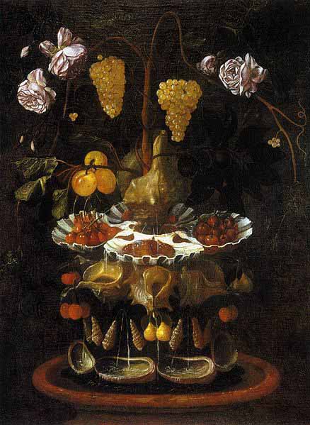 A fountain of grape vines, roses and apples in a conch shell